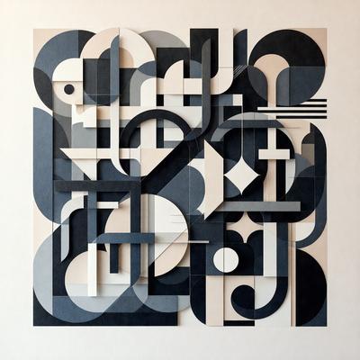 The primary subject of the image is a large, intricate, and colorful collage of letters and shapes. The setting is a white wall, which serves as a clean and neutral backdrop for the artwork. The visual style is a combination of digital art and illustration, with the use of various shapes, letters, and patterns. The colors and mood of the collage are vibrant and lively, creating a sense of energy and creativity.
